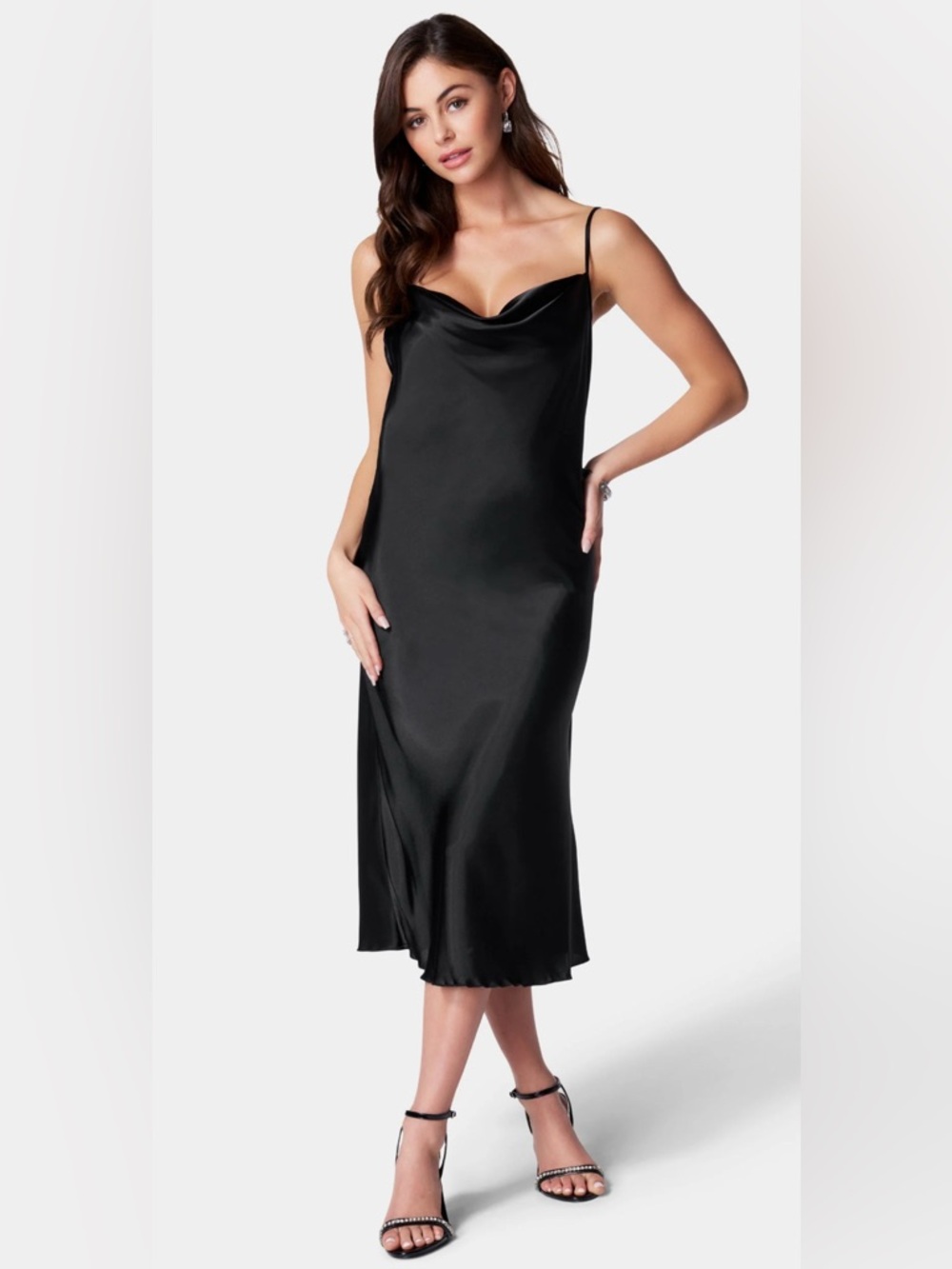 Bebe cowl neck slip dress. Adjustable straps. Sz.L